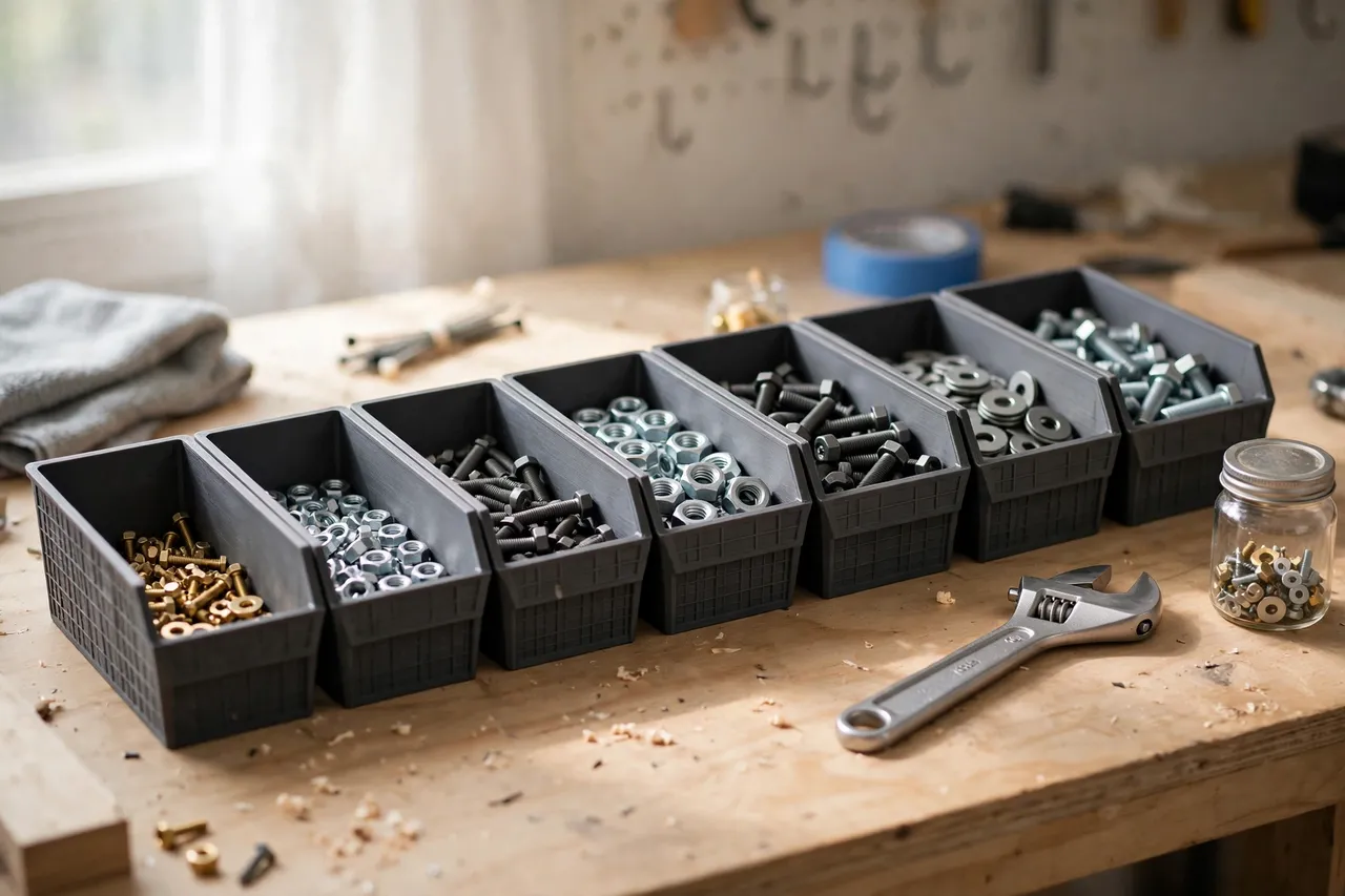 A bright home workshop workbench with a row of matte charcoal-gray 3D printed sorting bins