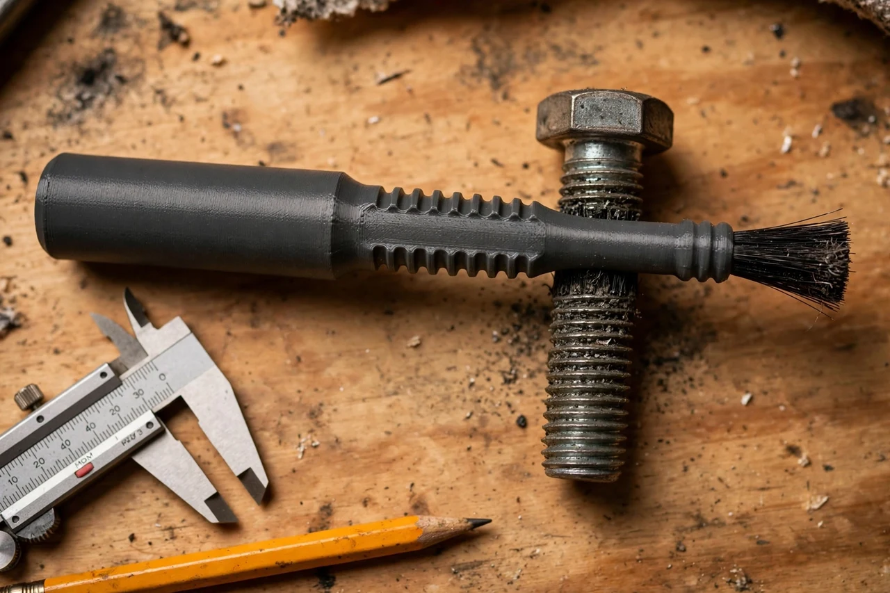 Close-up top-down view of a matte charcoal-gray 3D printed bolt thread cleaning brush handle being test-fitted against a bolt with clogged threads on a workbench, calipers and a pencil nearby, warm workshop lighting