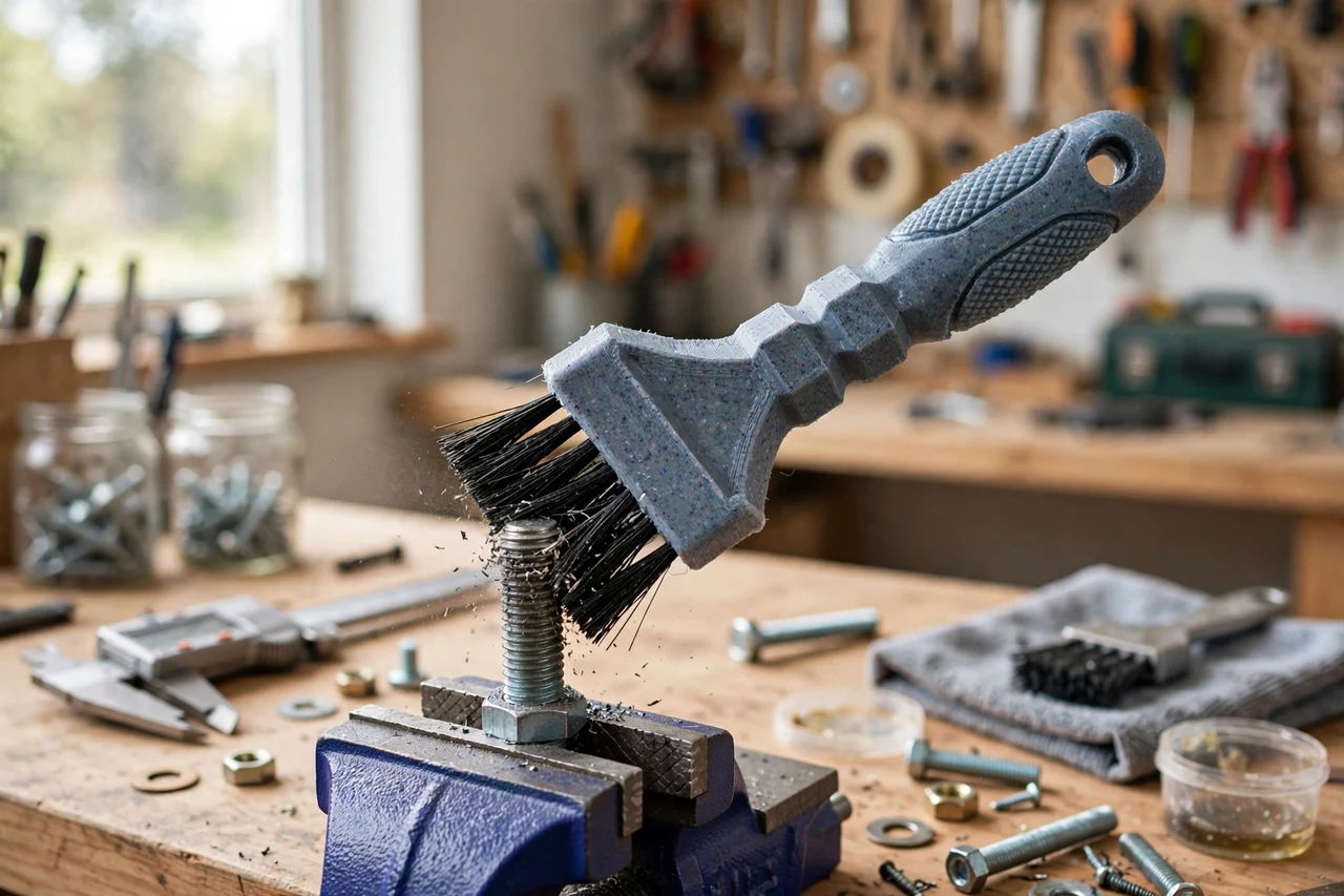 View of the finished 3D printed bolt thread cleaning brush handle in use on a home repair project on a workbench, tidy workshop background in soft focus, bright natural light