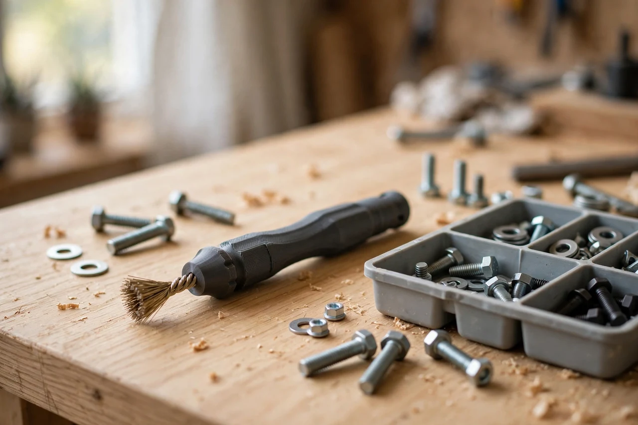 Home workshop scene on a light oak workbench, a matte charcoal-gray 3D printed bolt thread cleaning brush handle beside bolts and a parts tray, soft natural window light, shallow depth of field