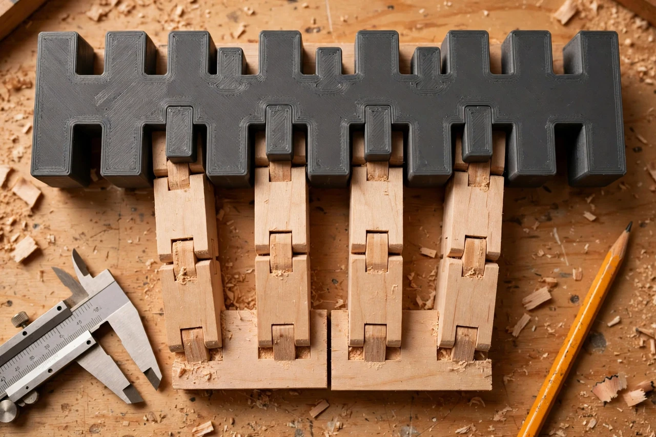 Close-up top-down view of a matte charcoal-gray 3D printed box joint finger spacing gauge being test-fitted against box joint fingers and mating boards on a workbench, calipers and a pencil nearby, warm workshop lighting