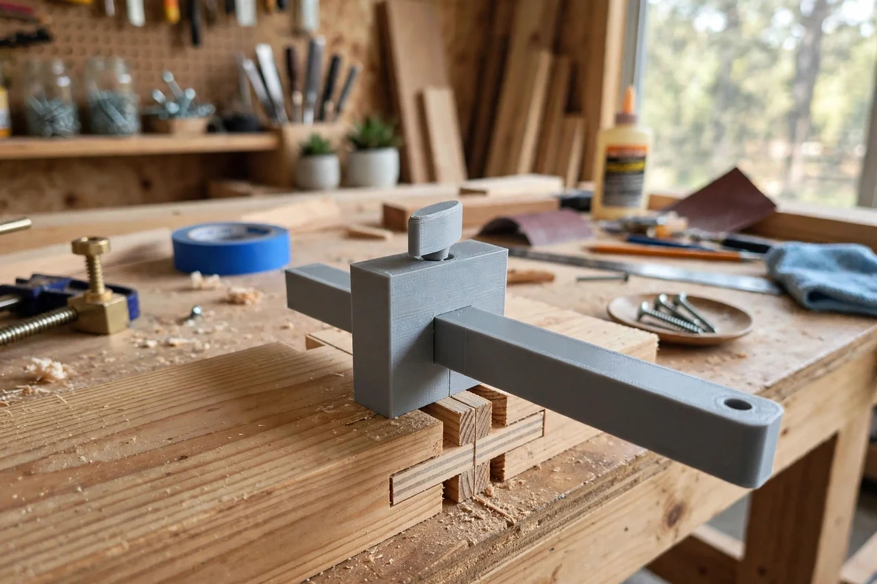View of the finished 3D printed box joint finger spacing gauge in use on a home repair project on a workbench, tidy workshop background in soft focus, bright natural light