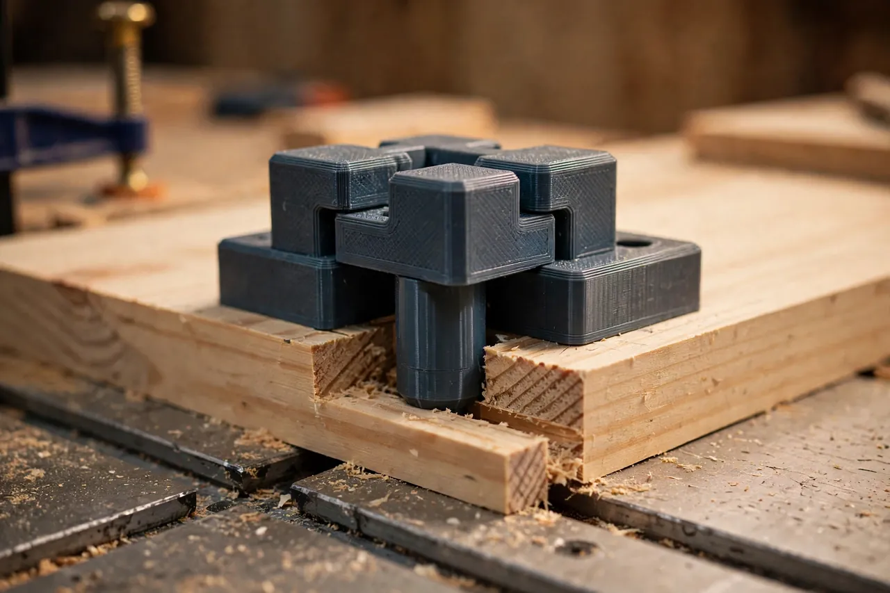 Close-up of a 3D printed box joint jig indexing pin engaging a freshly cut slot in a pine board on a router table, warm workshop lighting