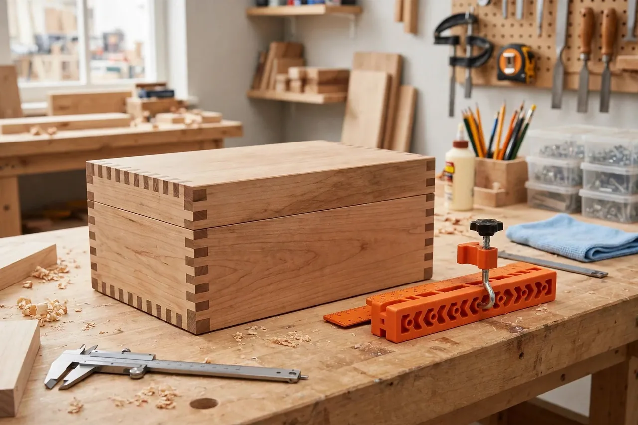 A finished wooden box with tight perfect finger joints at every corner sitting on a workbench