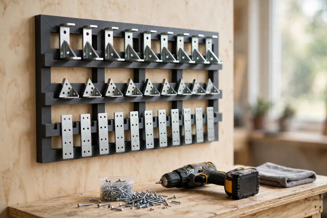 A bright home workshop scene, a matte charcoal-gray 3D printed wall rack holding rows of steel L-brackets, corner braces