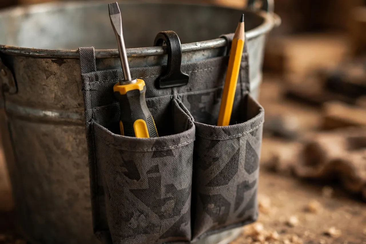 Close-up of a charcoal-gray printed caddy pocket clipped over a bucket rim, holding a screwdriver and marking pencil upright