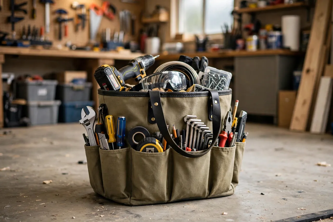 A finished bucket tote carried-ready on a garage floor
