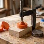 A home workshop scene on a wooden workbench