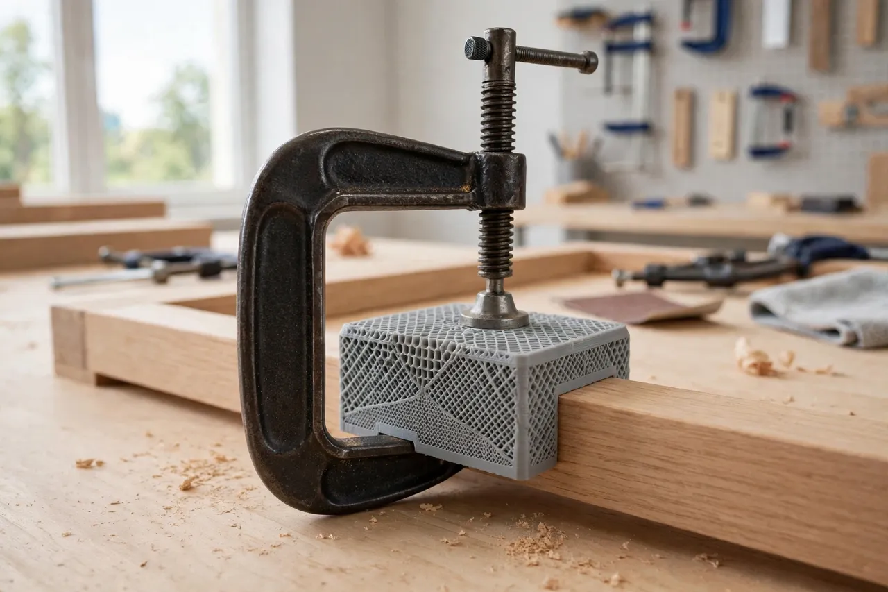 A C-clamp with a printed pad clamping a sanded wooden frame piece to a bench