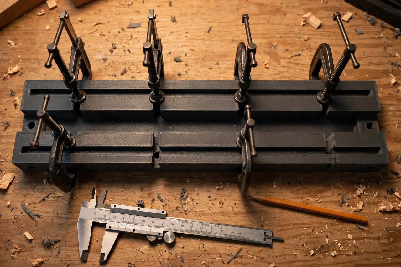 Close-up top-down view of a matte charcoal-gray 3D printed c-clamp storage rail being test-fitted with c-clamps on a workbench, calipers and a pencil nearby, warm workshop lighting