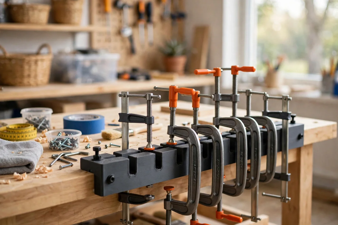 View of the finished 3D printed c-clamp storage rail in use during a home repair tidy-up on a workbench, tidy workshop background in soft focus, bright natural light