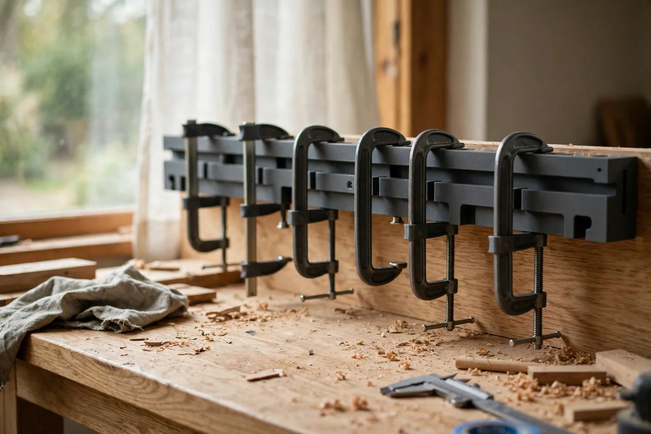 Home workshop scene on a light oak workbench, a matte charcoal-gray 3D printed c-clamp storage rail holding c-clamps, soft natural window light, shallow depth of field