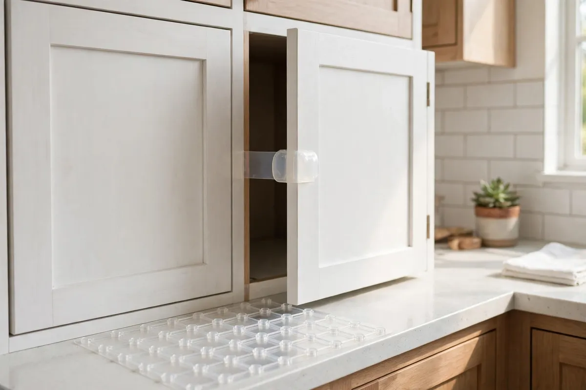 A bright kitchen with one cabinet door standing slightly open
