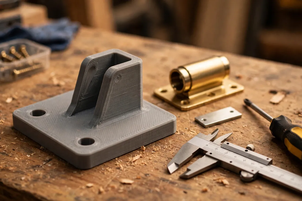 Close-up view of a 3D printed cabinet door catch plate beside a magnetic catch and a small steel strike plate on a workbench