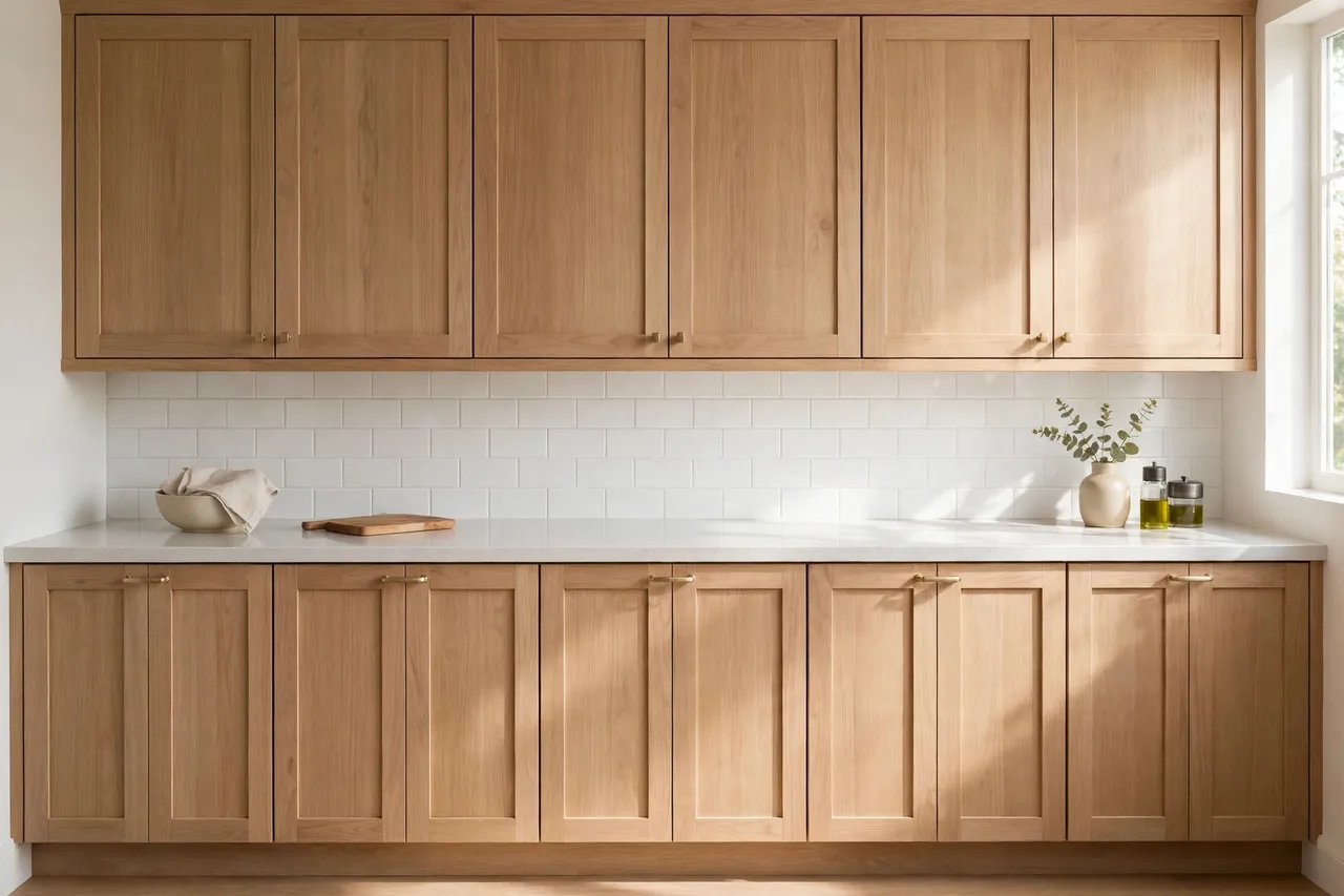 A finished kitchen cabinet run with all doors closed evenly, printed catch plates hidden inside, a tidy countertop below, bright natural light