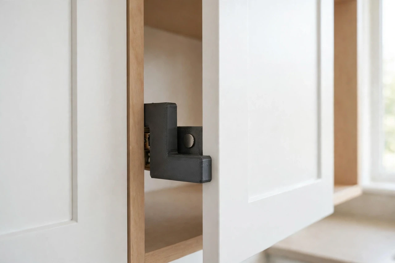 A bright kitchen scene, a white cabinet door held closed by a matte charcoal-gray 3D printed catch plate fitted behind a small magnetic catch inside