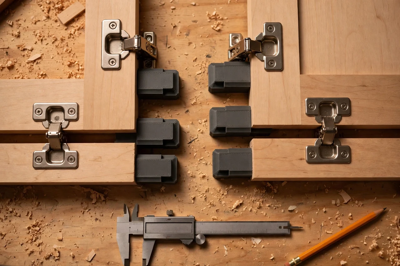 Close-up top-down view of a matte charcoal-gray 3D printed cabinet door gap blocks being test-fitted against cabinet doors and hinge plates on a workbench, calipers and a pencil nearby, warm workshop lighting