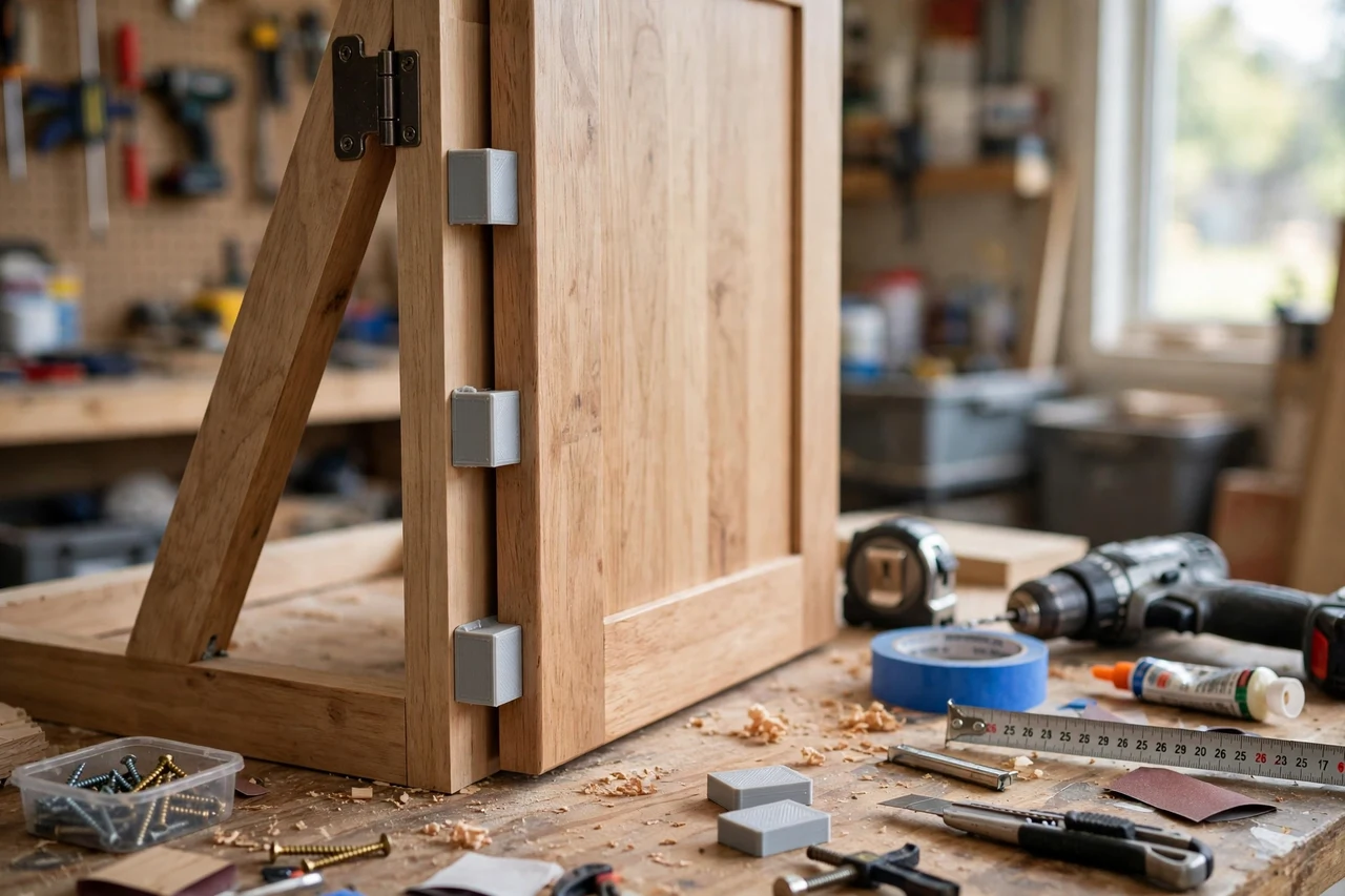 View of the finished 3D printed cabinet door gap blocks in use on a home improvement project on a workbench, tidy workshop background in soft focus, bright natural light