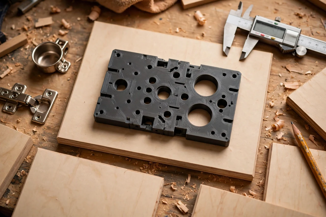 Close-up top-down view of a matte charcoal-gray 3D printed cabinet door hinge boring template being test-fitted against cabinet door blanks and cup hinges on a workbench, calipers and a pencil nearby, warm workshop lighting