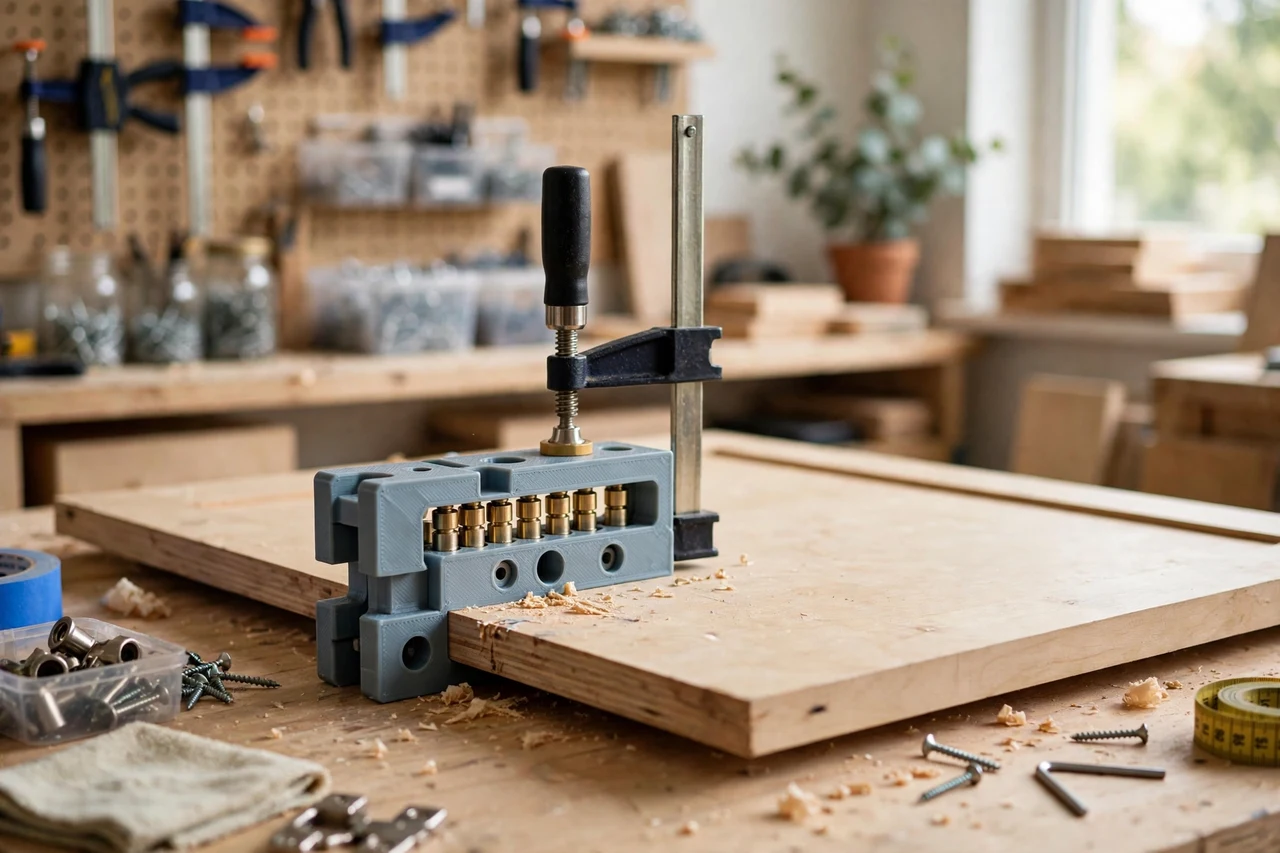 View of the finished 3D printed cabinet door hinge boring template in use on a home repair project on a workbench, tidy workshop background in soft focus, bright natural light