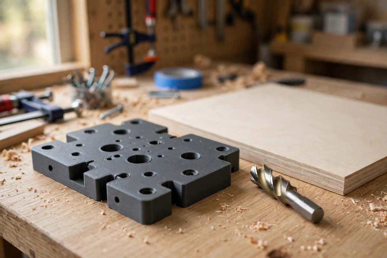 Home workshop scene on a light oak workbench, a matte charcoal-gray 3D printed cabinet door hinge boring template beside a cabinet door blank and a hinge cup drill bit, soft natural window light, shallow depth of field