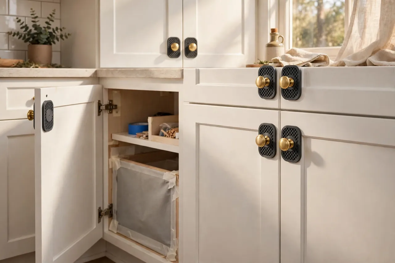A bright kitchen scene, white cabinet doors fitted with matte charcoal-gray 3D printed knob backplates behind brass knobs