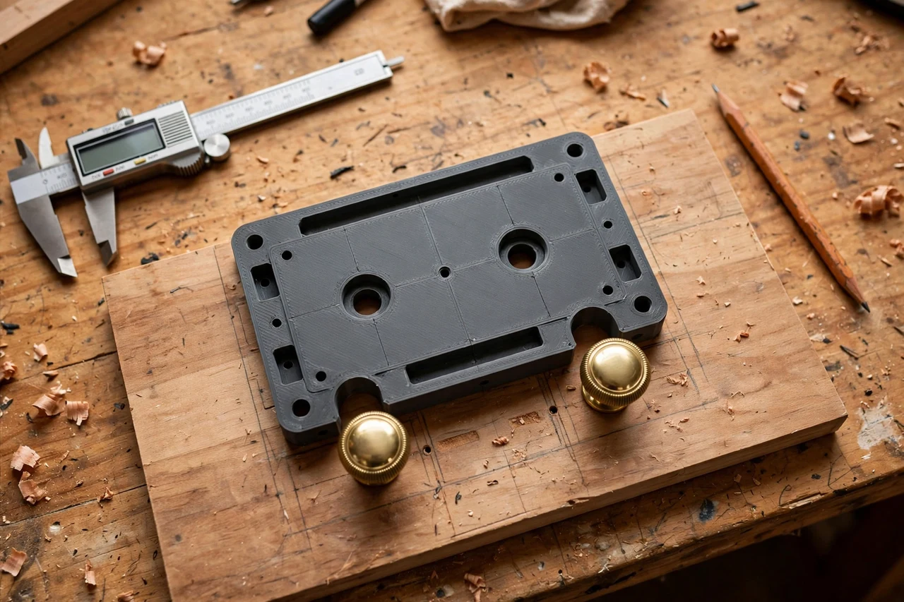 Close-up top-down view of a matte charcoal-gray 3D printed cabinet knob drilling jig being test-fitted against cabinet knobs and a drawer front on a workbench, calipers and a pencil nearby, warm workshop lighting