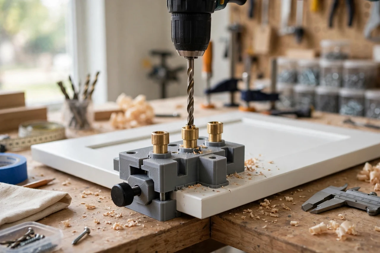 View of the finished 3D printed cabinet knob drilling jig in use on a home improvement project on a workbench, tidy workshop background in soft focus, bright natural light