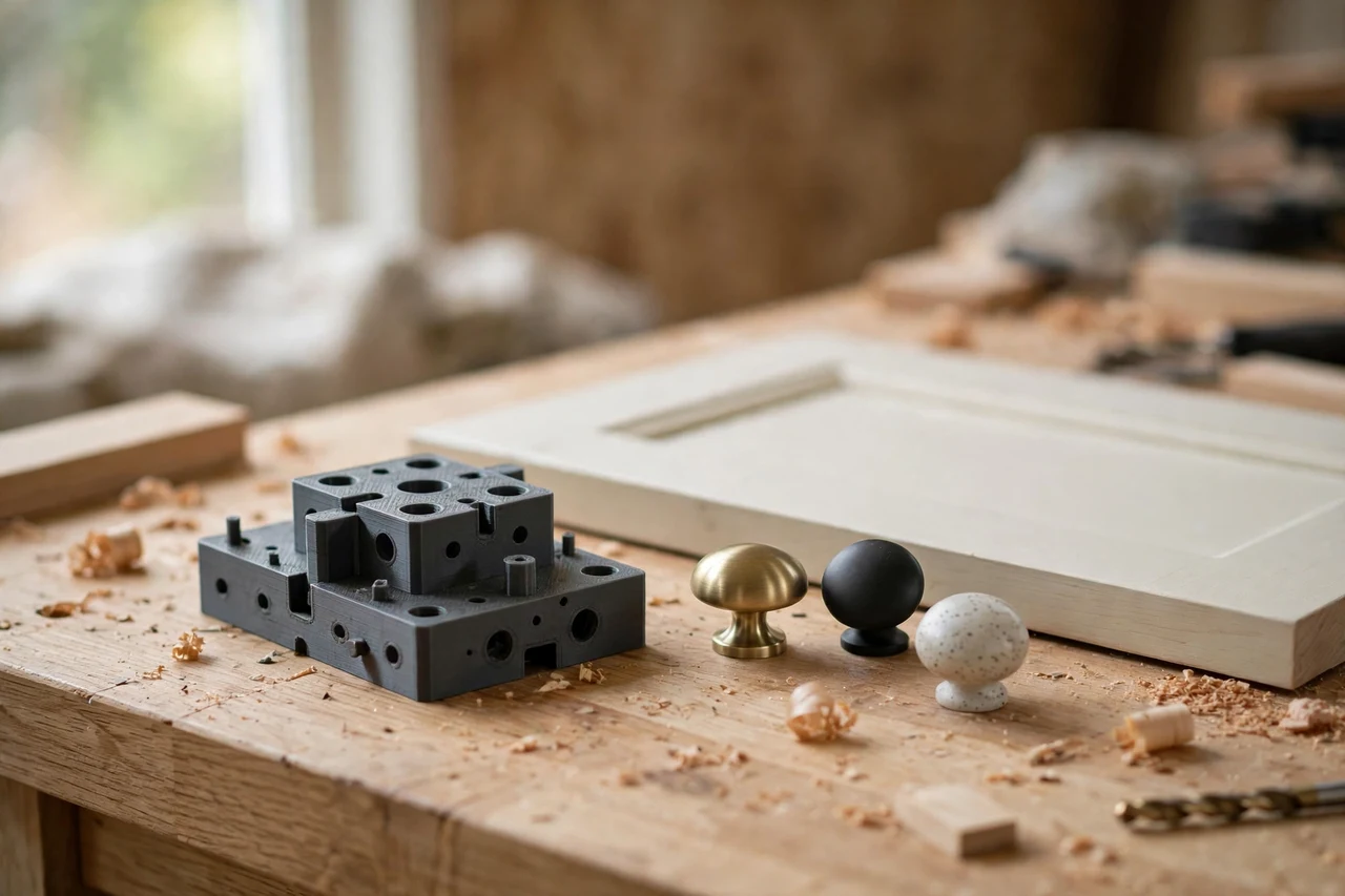 Home workshop scene on a light oak workbench, a matte charcoal-gray 3D printed cabinet knob drilling jig beside cabinet knobs and a drawer front, soft natural window light, shallow depth of field