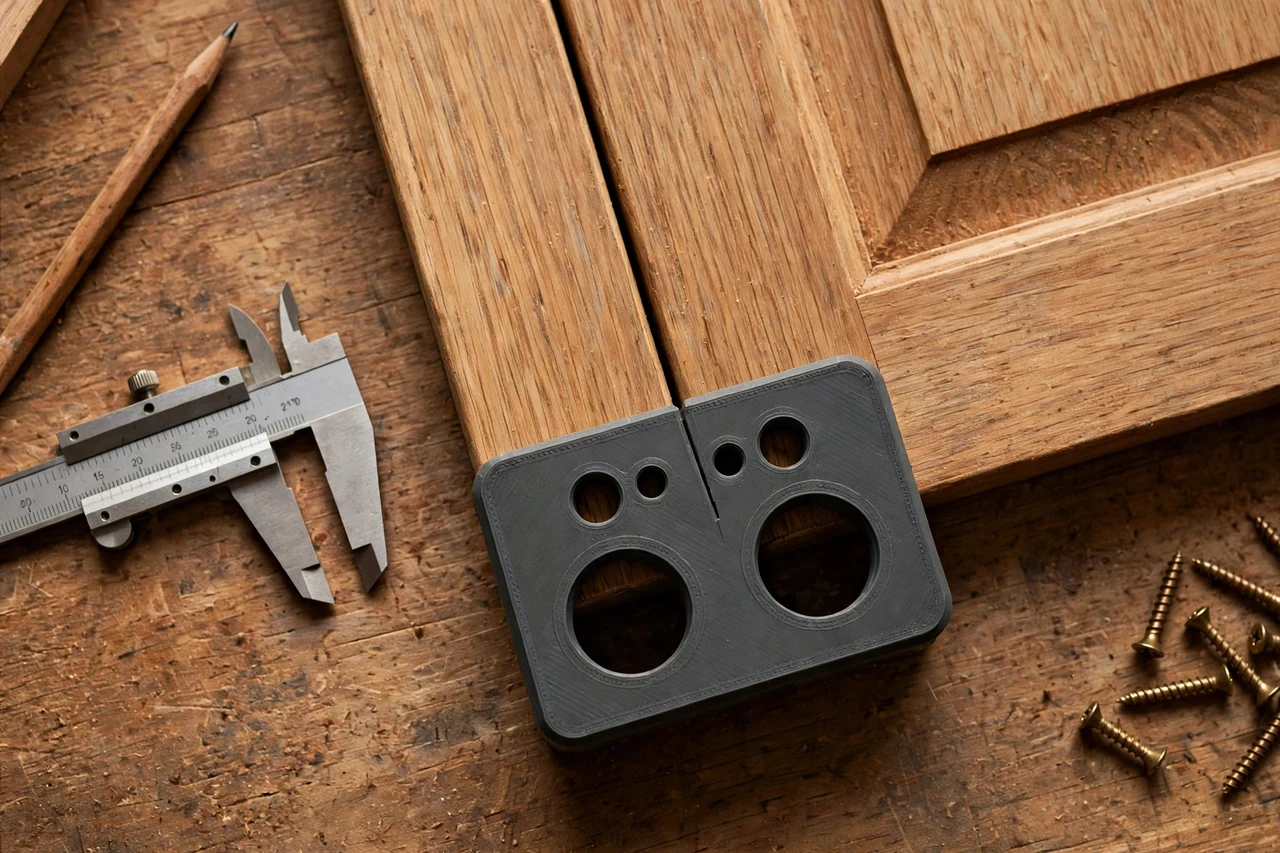 Close-up top-down view of a matte charcoal-gray 3D printed cabinet knob drilling template being test-fitted against cabinet doors and knob screws on a workbench, calipers and a pencil nearby, warm workshop lighting