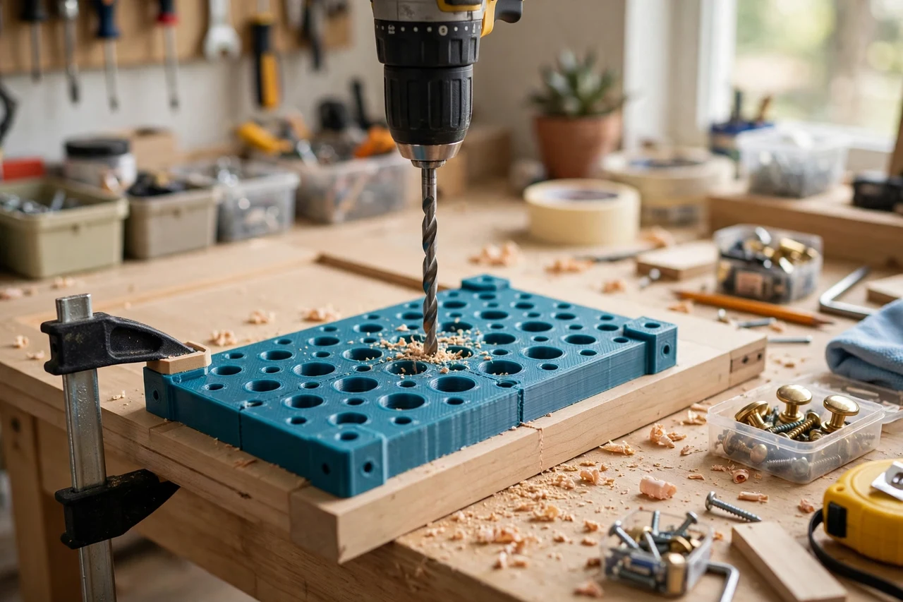 View of the finished 3D printed cabinet knob drilling template in use on a home repair project on a workbench, tidy workshop background in soft focus, bright natural light