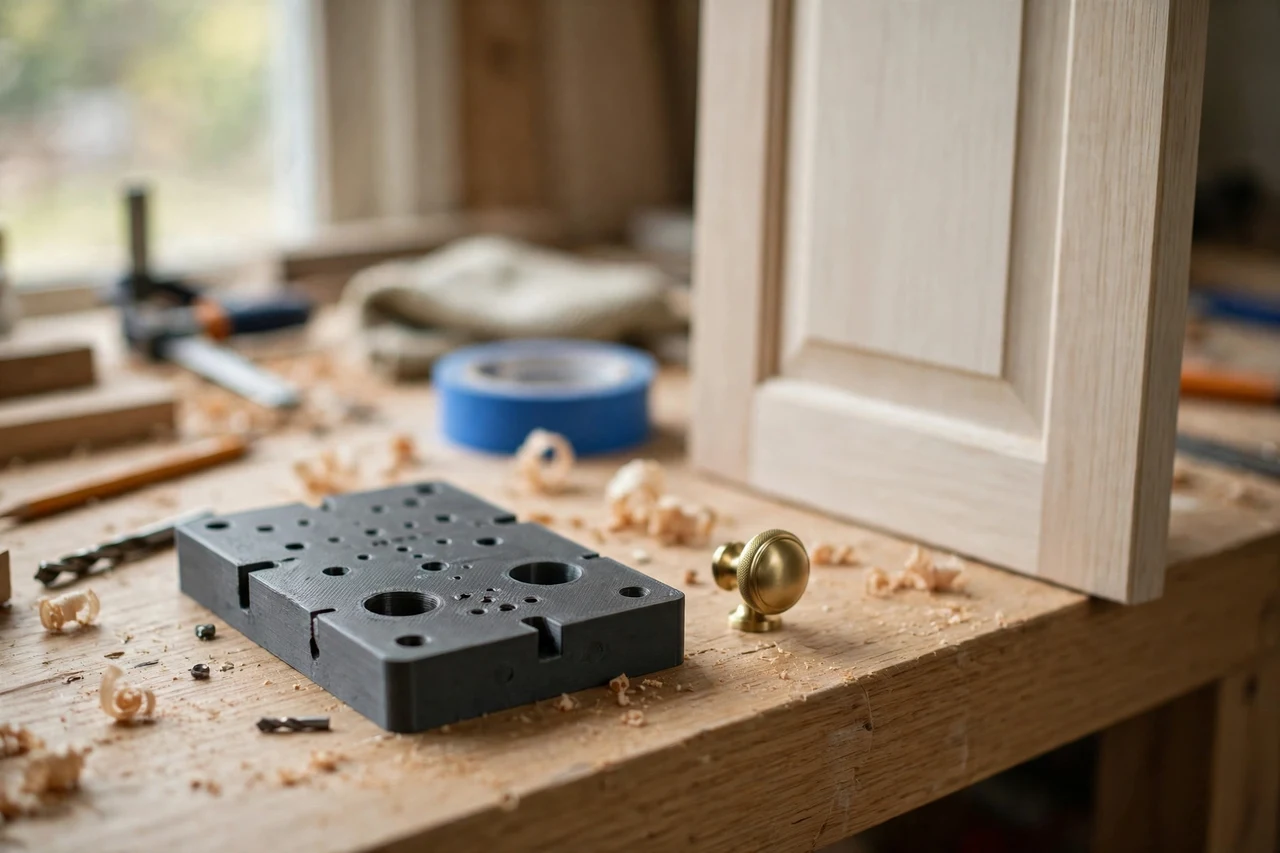 Home workshop scene on a light oak workbench, a matte charcoal-gray 3D printed cabinet knob drilling template beside a cabinet door and a cabinet knob, soft natural window light, shallow depth of field