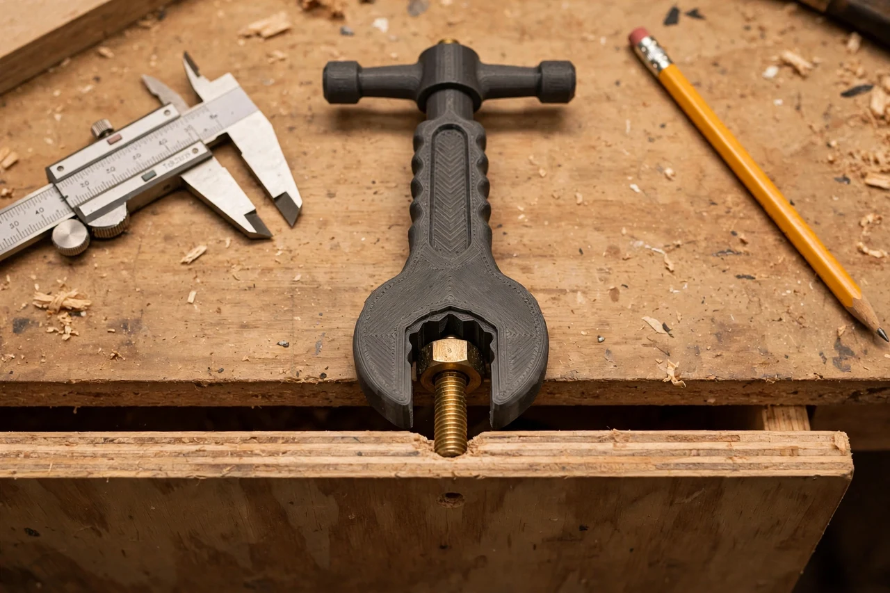 Close-up top-down view of a matte charcoal-gray 3D printed cabinet knob installation wrench being test-fitted against a cabinet knob bolt in a tight drawer front on a workbench, calipers and a pencil nearby, warm workshop lighting