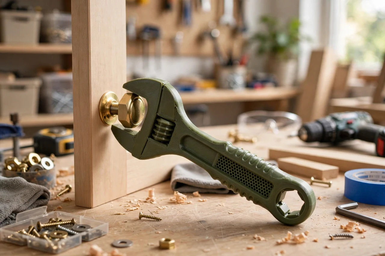 View of the finished 3D printed cabinet knob installation wrench in use on a home repair project on a workbench, tidy workshop background in soft focus, bright natural light
