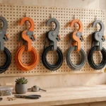 A tidy workshop pegboard with several matte gray and orange 3D printed cable winders hanging in a row