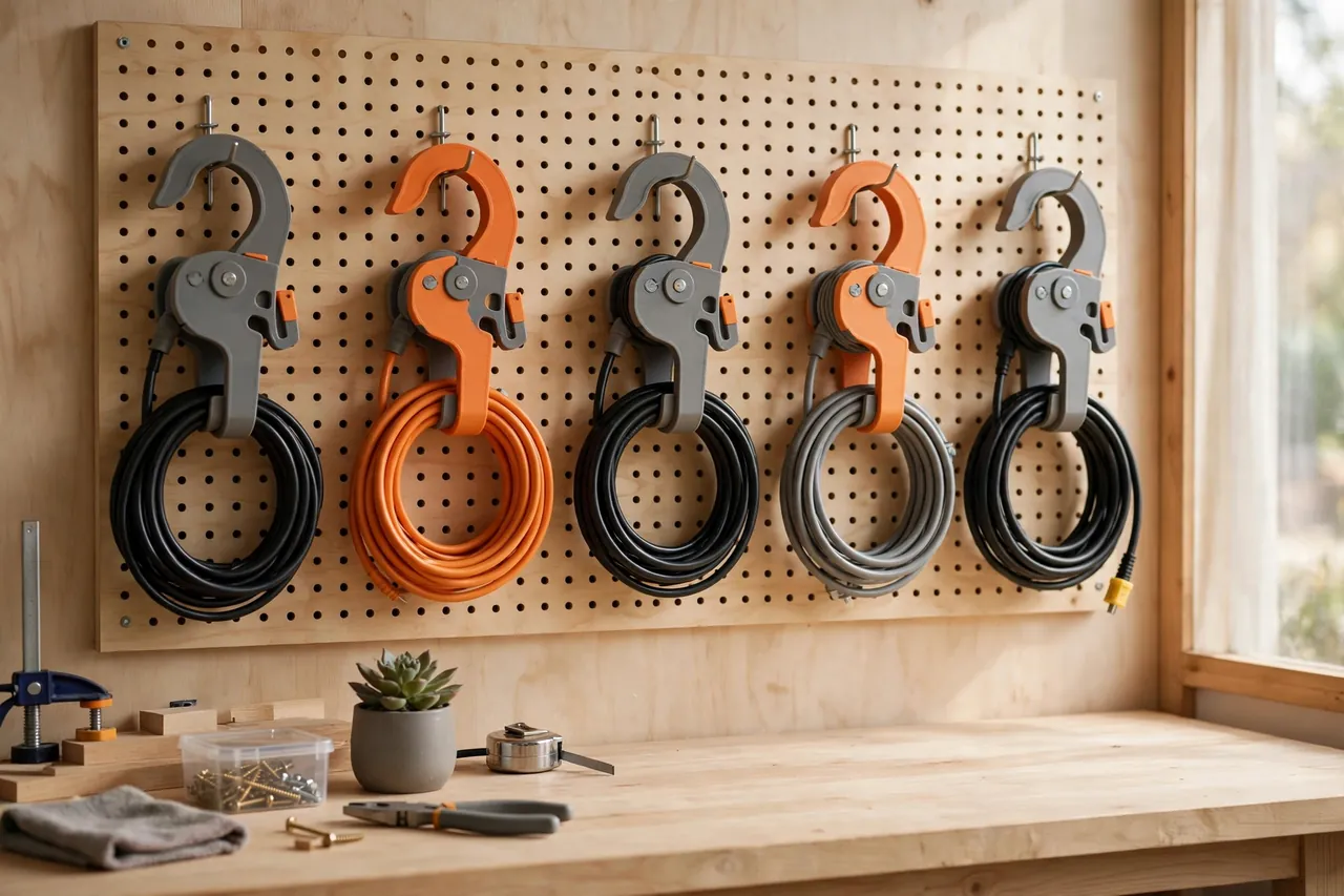 A tidy workshop pegboard with several matte gray and orange 3D printed cable winders hanging in a row