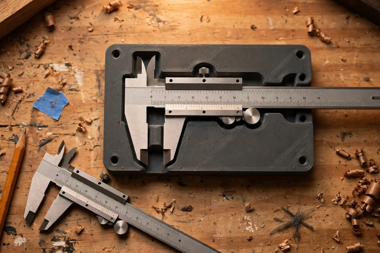 Close-up top-down view of a matte charcoal-gray 3D printed caliper wall dock being test-fitted with calipers on a workbench, calipers and a pencil nearby, warm workshop lighting