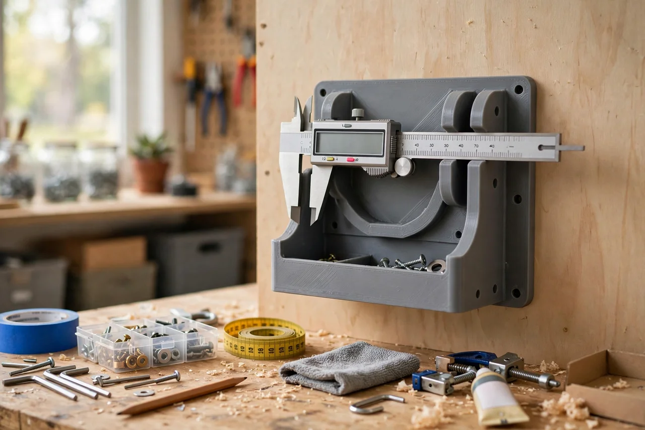 View of the finished 3D printed caliper wall dock in use during a home repair tidy-up on a workbench, tidy workshop background in soft focus, bright natural light