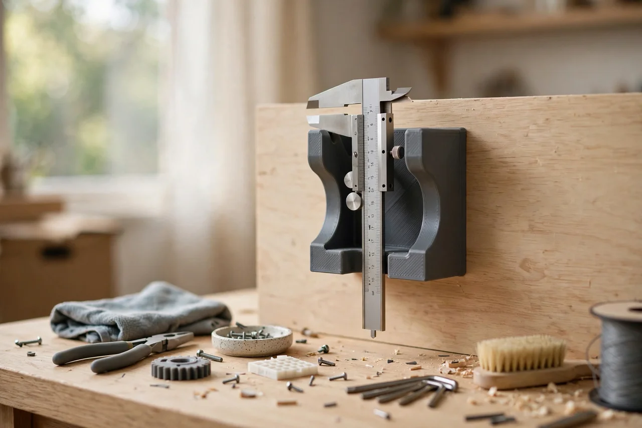 Home workshop scene on a light oak workbench, a matte charcoal-gray 3D printed caliper wall dock holding calipers, soft natural window light, shallow depth of field