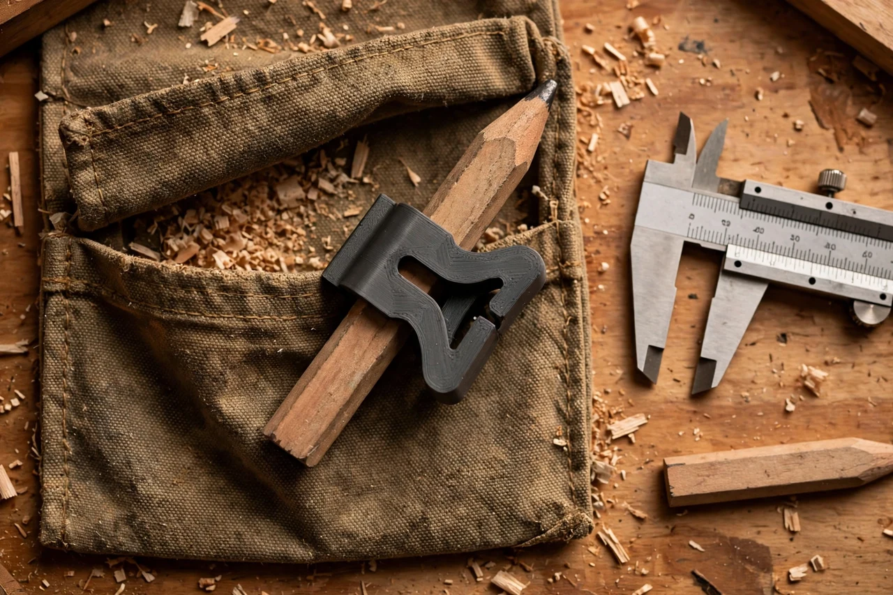 Close-up top-down view of a matte charcoal-gray 3D printed carpenter pencil holder clip being test-fitted against a flat carpenter pencil carried in a pocket on a workbench, calipers and a pencil nearby, warm workshop lighting
