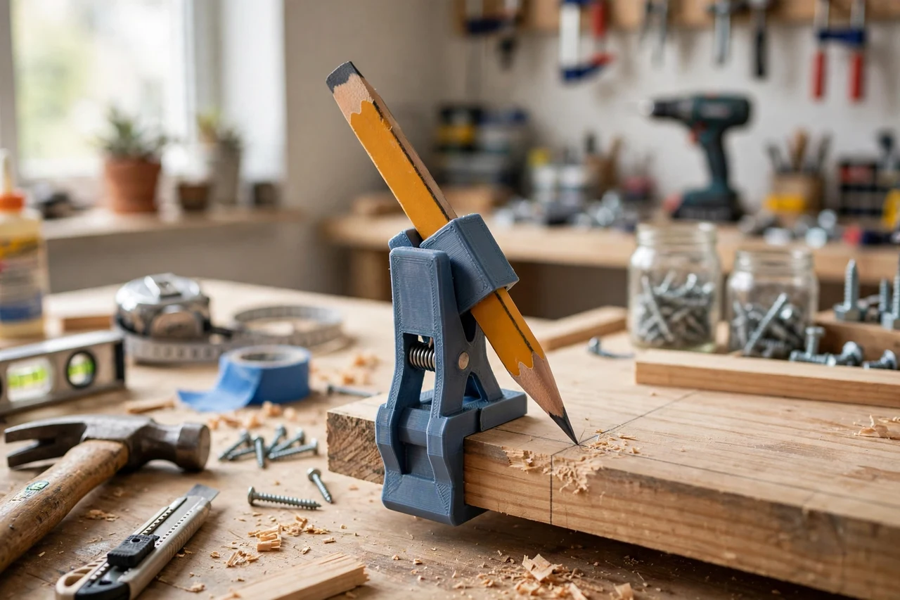 View of the finished 3D printed carpenter pencil holder clip in use on a home repair project on a workbench, tidy workshop background in soft focus, bright natural light