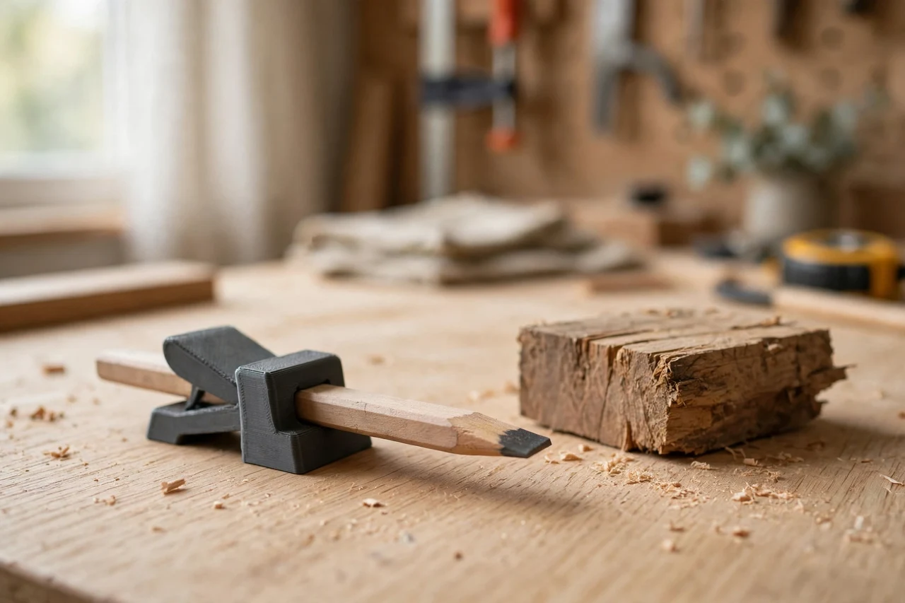 Home workshop scene on a light oak workbench, a matte charcoal-gray 3D printed carpenter pencil holder clip beside a carpenter pencil and a timber offcut, soft natural window light, shallow depth of field