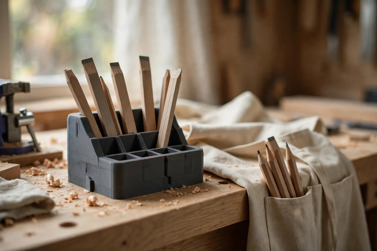 Home workshop scene on a light oak workbench, a matte charcoal-gray 3D printed carpenter pencil holders holding flat carpenter pencils kept at the bench and in the apron, soft natural window light, shallow depth of field