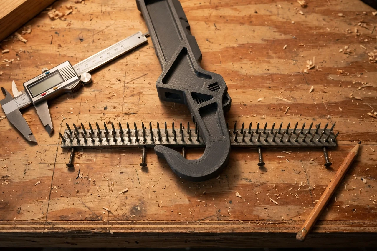 Close-up top-down view of a matte charcoal-gray 3D printed carpet tack strip puller tool being test-fitted against a carpet tack strip nailed to a subfloor on a workbench, calipers and a pencil nearby, warm workshop lighting