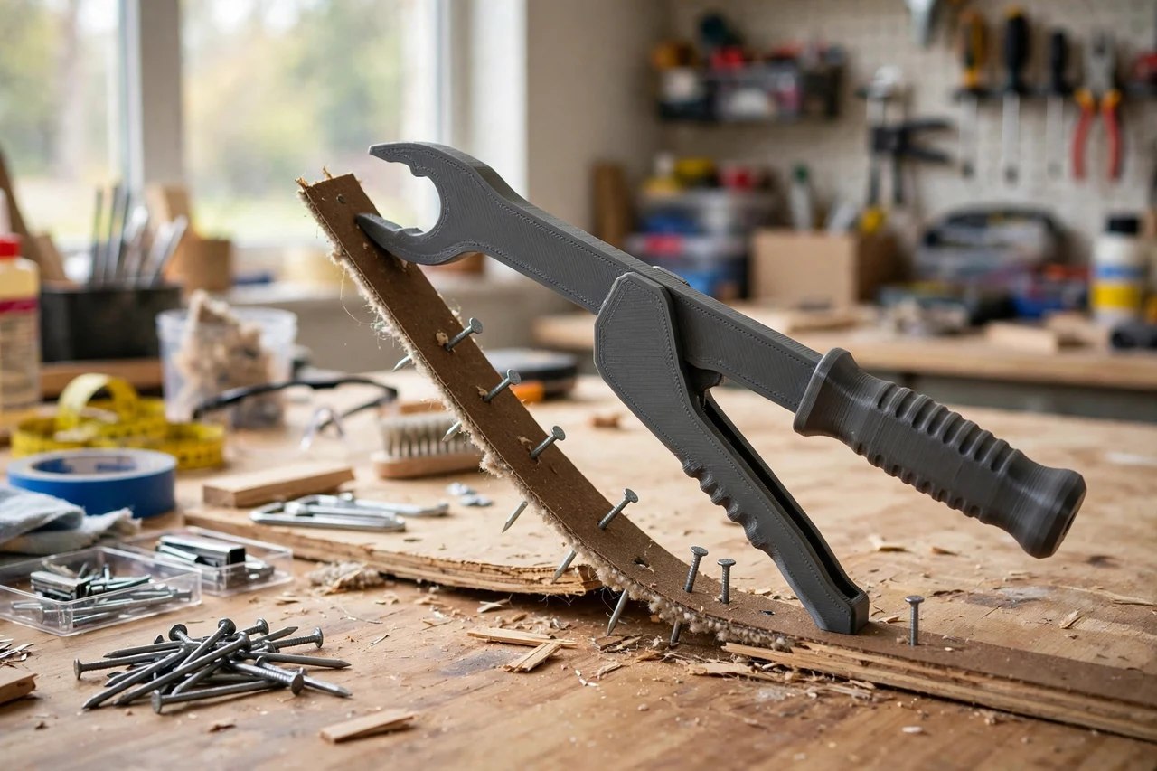 View of the finished 3D printed carpet tack strip puller tool in use on a home repair project on a workbench, tidy workshop background in soft focus, bright natural light