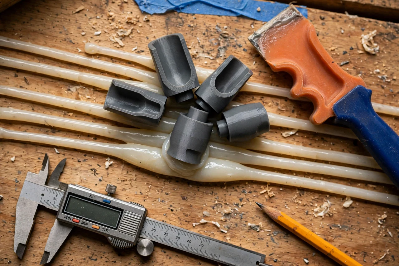Close-up top-down view of a matte charcoal-gray 3D printed caulk bead smoothing set being test-fitted against caulk beads and a smoothing tool on a workbench, calipers and a pencil nearby, warm workshop lighting