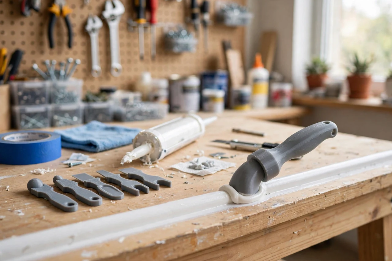 View of the finished 3D printed caulk bead smoothing set in use on a home improvement project on a workbench, tidy workshop background in soft focus, bright natural light
