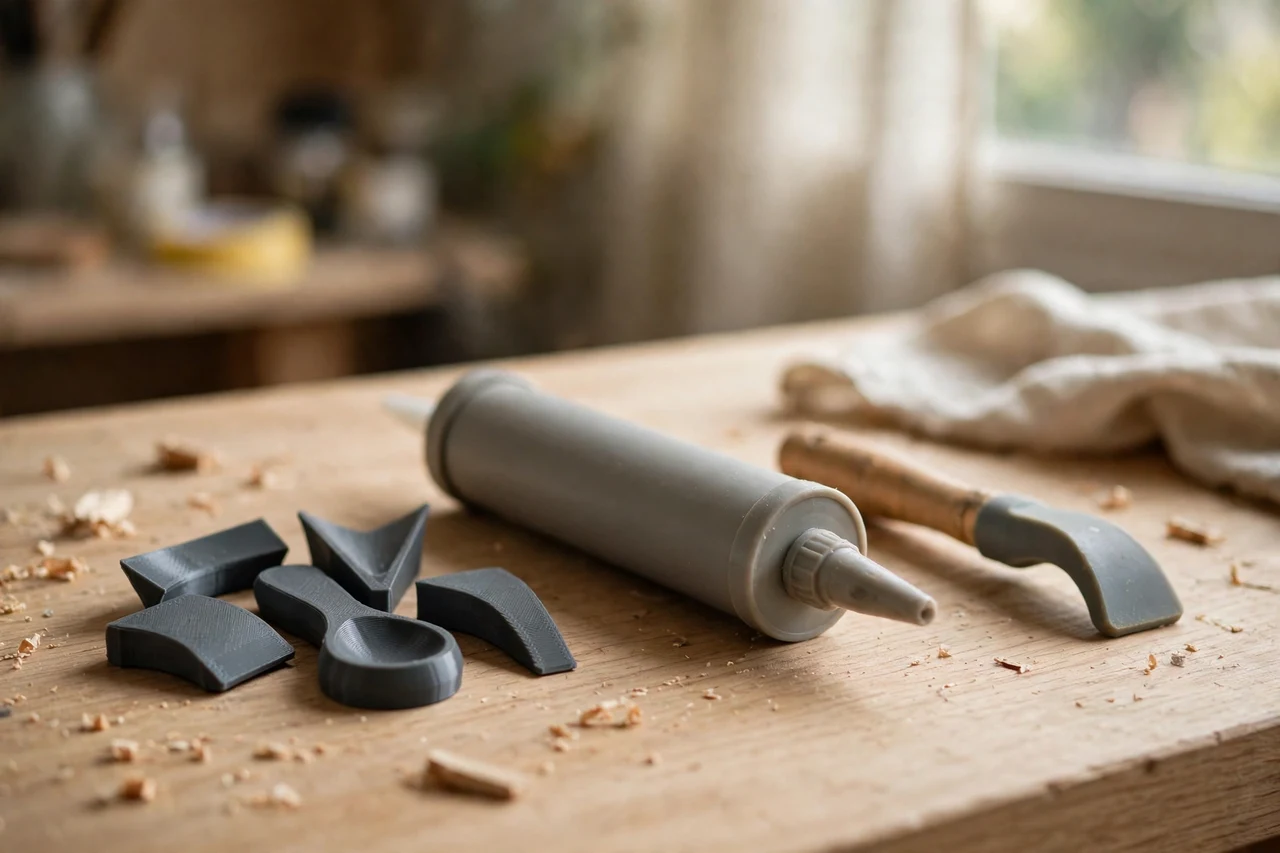 Home workshop scene on a light oak workbench, a matte charcoal-gray 3D printed caulk bead smoothing set beside a caulk tube and a smoothing tool, soft natural window light, shallow depth of field