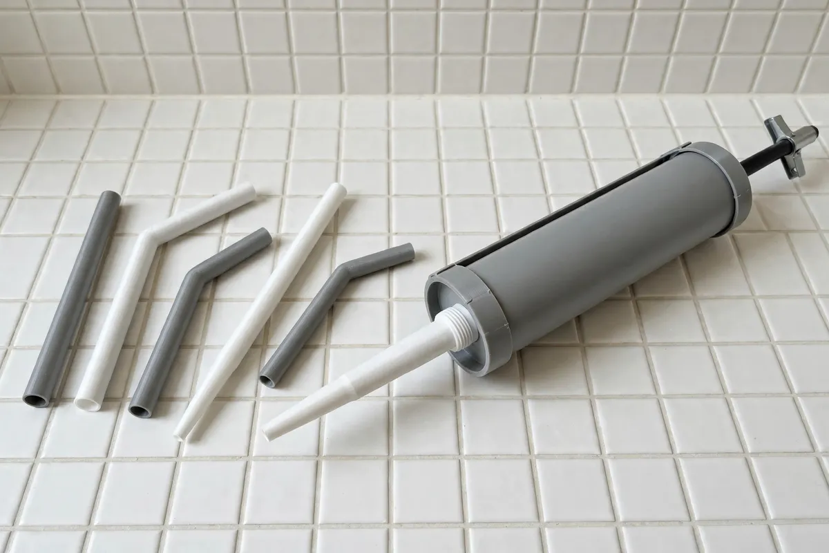 A set of matte white and grey 3D printed caulk tube extension nozzles of different lengths and angles arranged beside a standard caulk tube