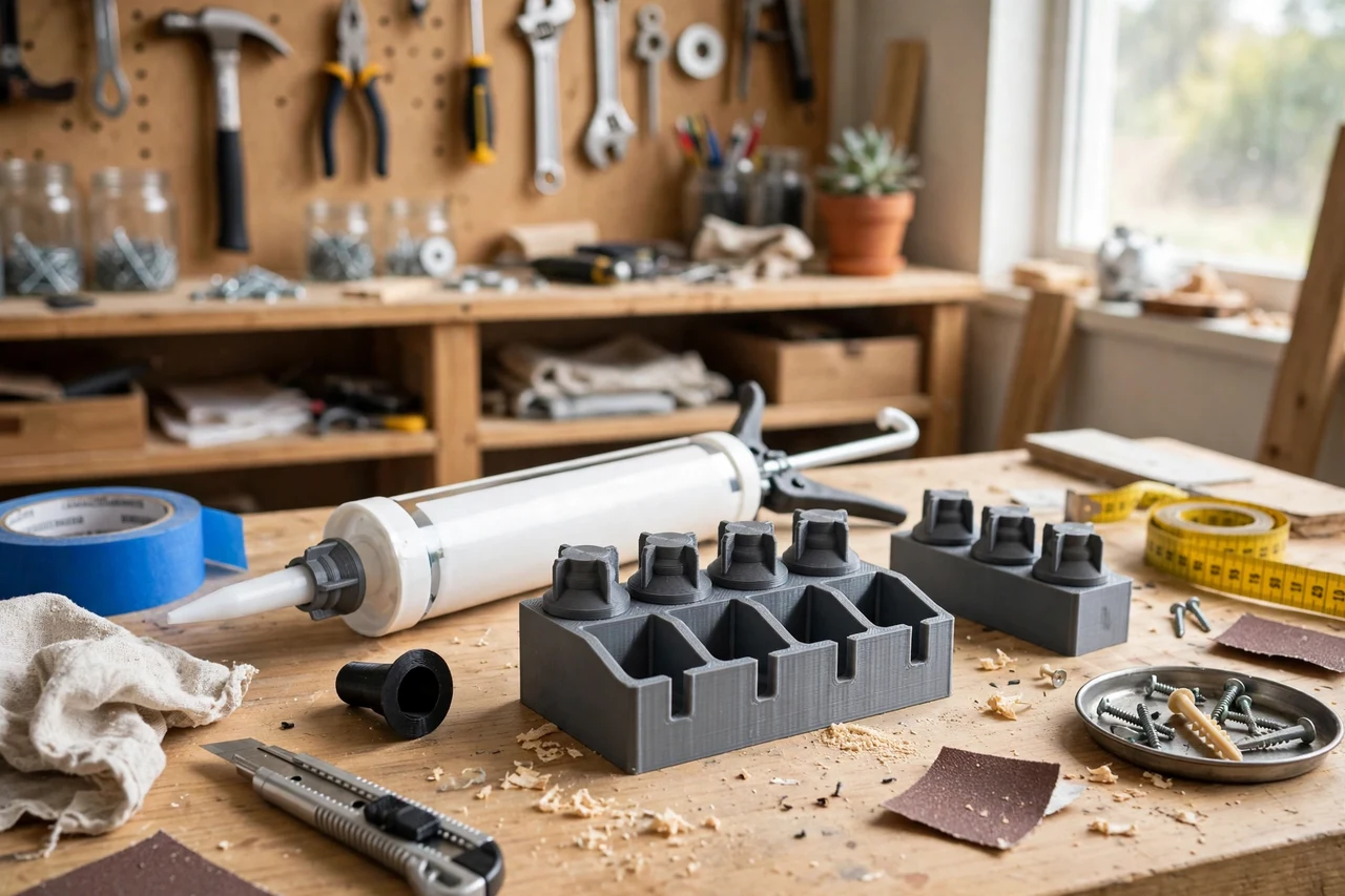 View of the finished 3D printed caulk gun nozzle cap holders in use on a home repair project on a workbench, tidy workshop background in soft focus, bright natural light